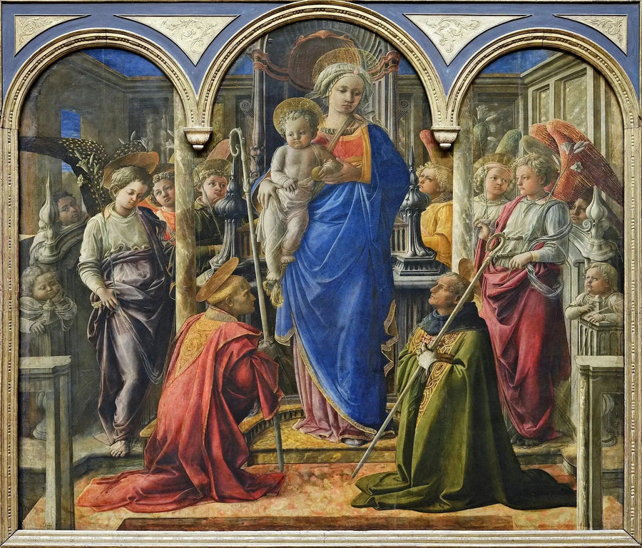 Madonna och barn omgivet av änglar, helige Frediano och helige Augustinus - Fra Filippo Lippi