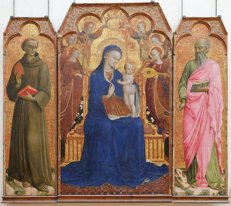 Madonna och barn omgivna av änglar, Sankt Antonius av Padua och Sankt Johannes evangelisten - Stefano di Giovanni (Sassetta)