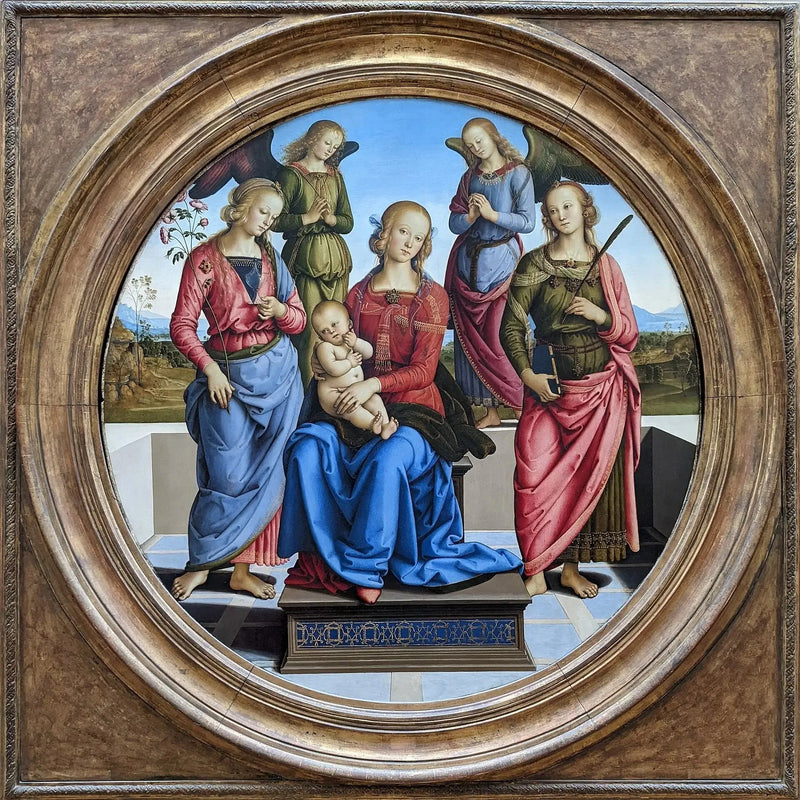 Madonna och barn omgivna av två änglar, heliga Rosa och heliga Katarina - Pietro Perugino