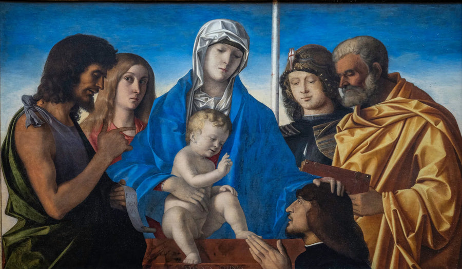 Madonna och barn omgivet av heliga Johannes Döparen, heliga Maria Magdalena, helige Georg, helige Petrus och en donator - Giovanni Bellini