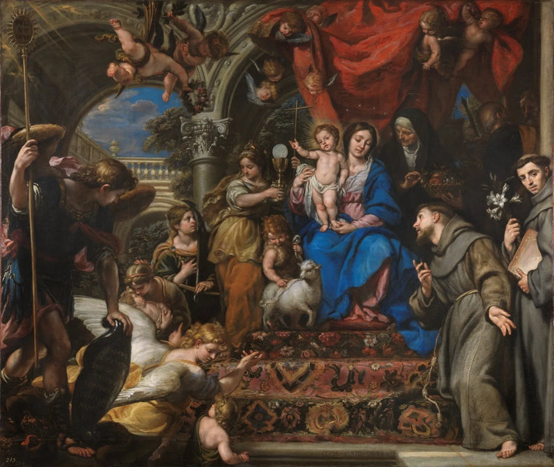 Madonna och barnet mellan de teologiska dygderna och helgonen - Claudio Coello