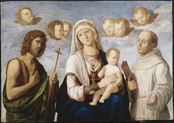 Madonna och barn mellan helige Johannes Döparen och helige Franciskus - Cima da Conegliano