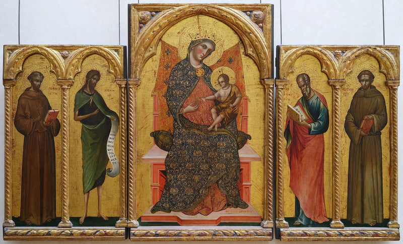 Madonna och barn, helgon Franciskus av Assisi, Johannes Döparen, Johannes evangelisten och Antonius av Padua - Paolo Veneziano