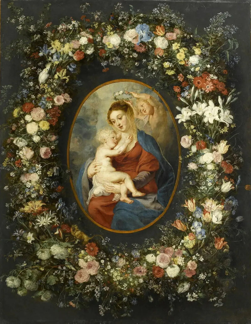 Madonna, Jesusbarnet och en ängel mitt i en blomsterkrans - Peter Paul Rubens