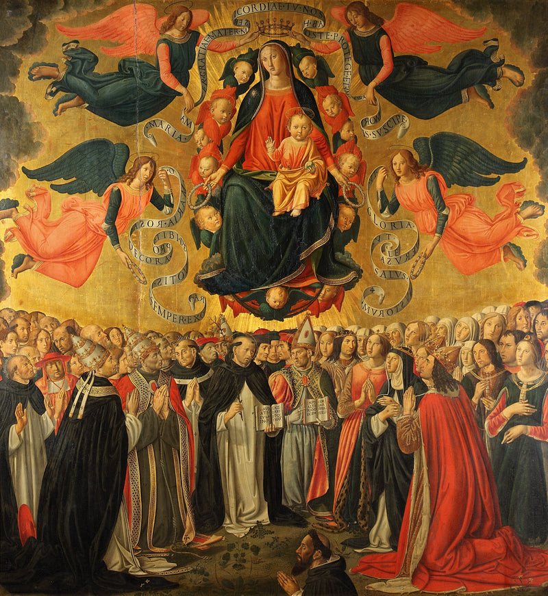 Madonna med barnet Jesus i härlighet, dyrkad av änglar, helgon, böner och en donator. - Cosimo Rosselli