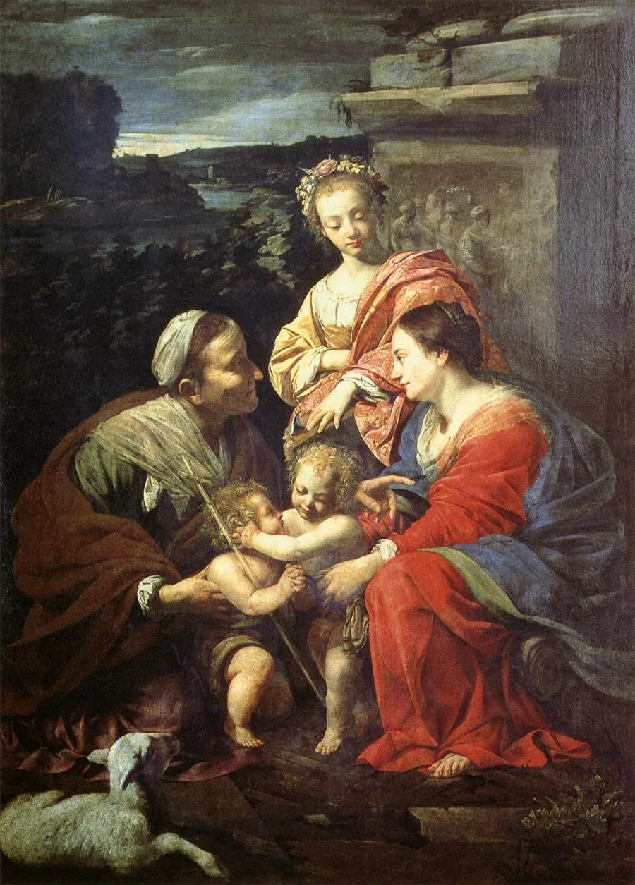 Madonna och Barnet Jesus med Heliga Elisabeth, Sankt Johannes Döparen och Heliga Katarina - Simon Vouet
