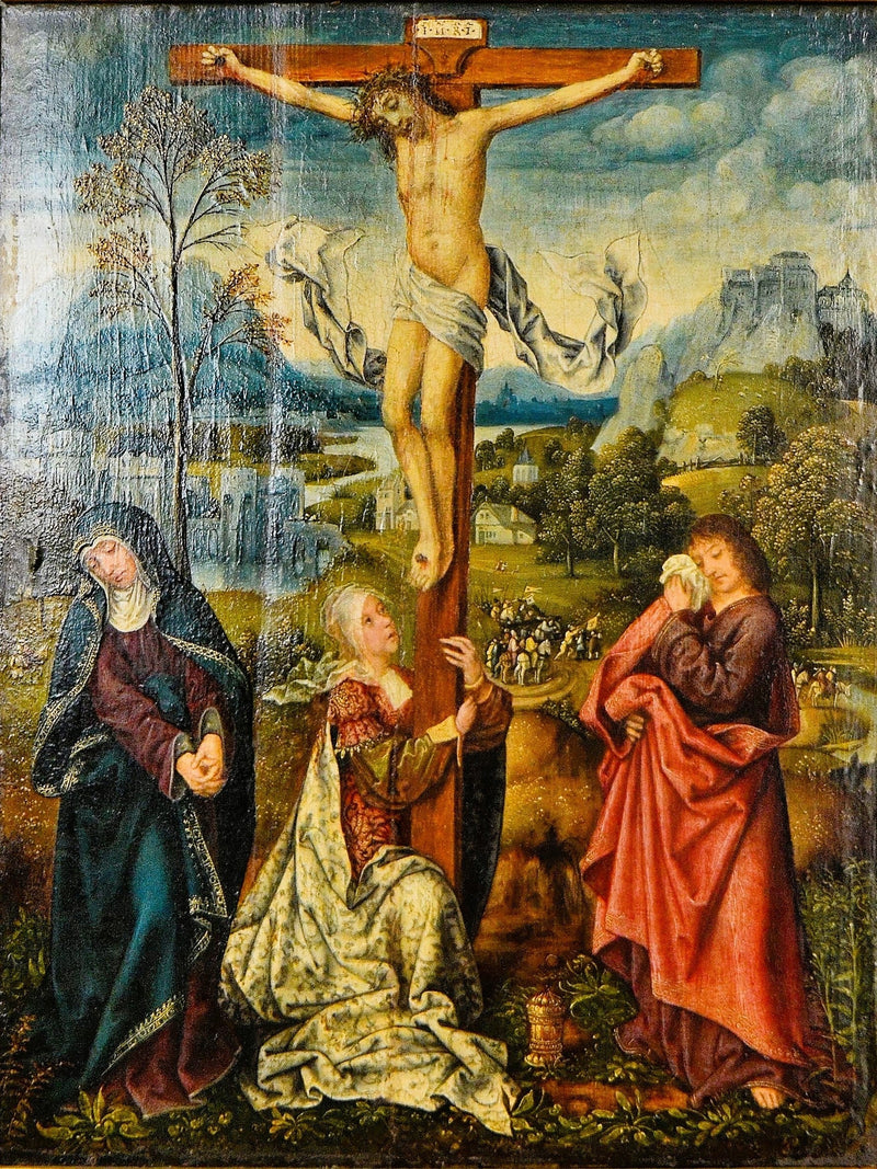 Madonna, Maria Magdalena och helige Johannes vid korsets fot - Quentin Metsys
