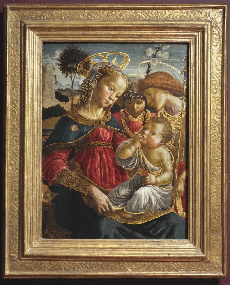 Jungfrun, Johannes Döparen och en ängel som dyrkar det lilla Jesusbarnet - Sandro Botticelli