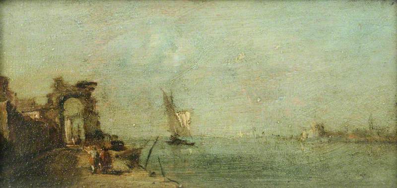 Lagune de Capriccio med en ruinad båge - Francesco Guardi