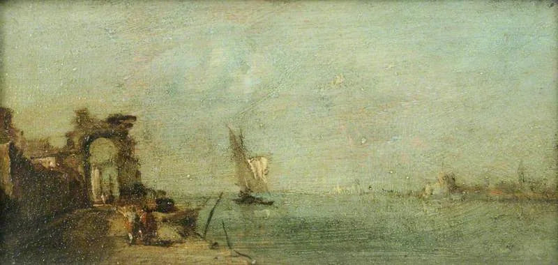 Lagune de Capriccio med en ruinad båge - Francesco Guardi