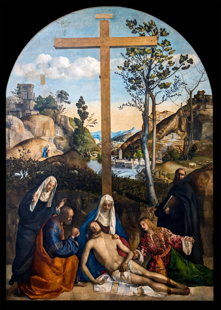 Lamentation över den döde Kristus med Josef från Arimatea, Jungfru Maria och Maria Magdalena, mellan heliga Marta och Filippo Benizi - Giovanni Bellini
