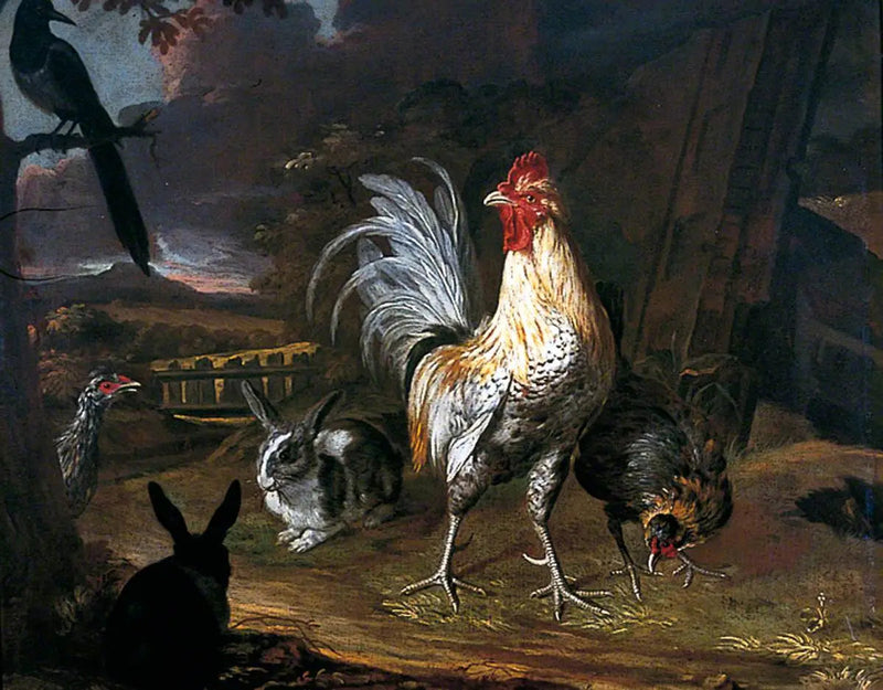 Kaniner, en tupp och en höna mot en landskapsbakgrund - Melchior de Hondecoeter