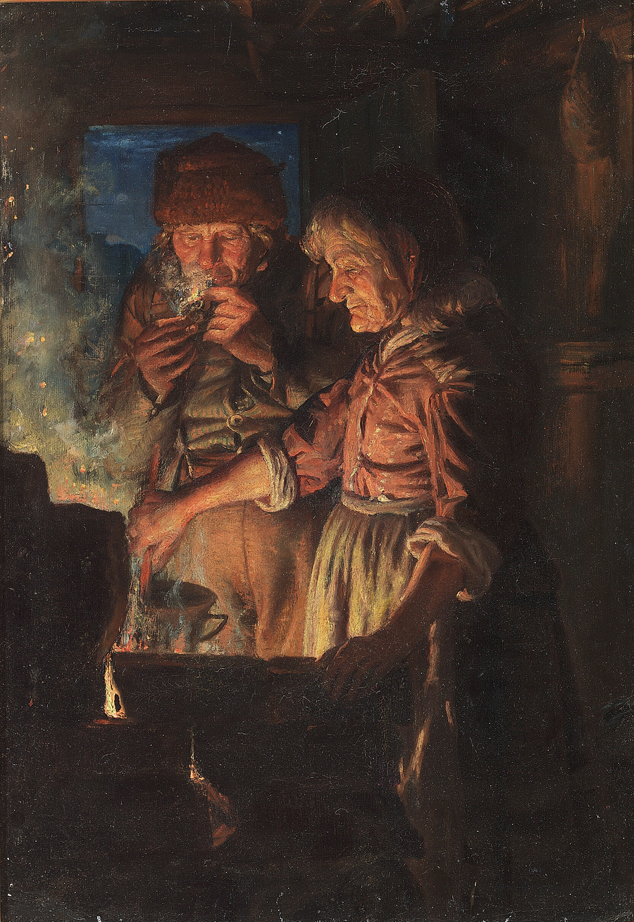 Lars Gaihede och hans fru vid öppna spisen, Stifi rör om i grytan. - Michael Peter Ancher