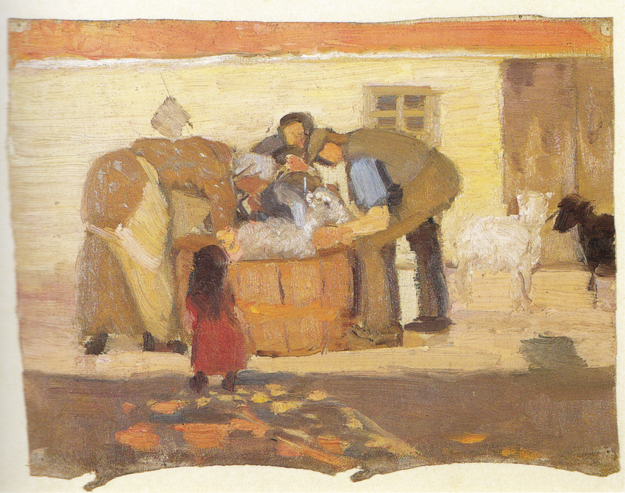 Tvätta fåren framför ett hus - Anna Ancher