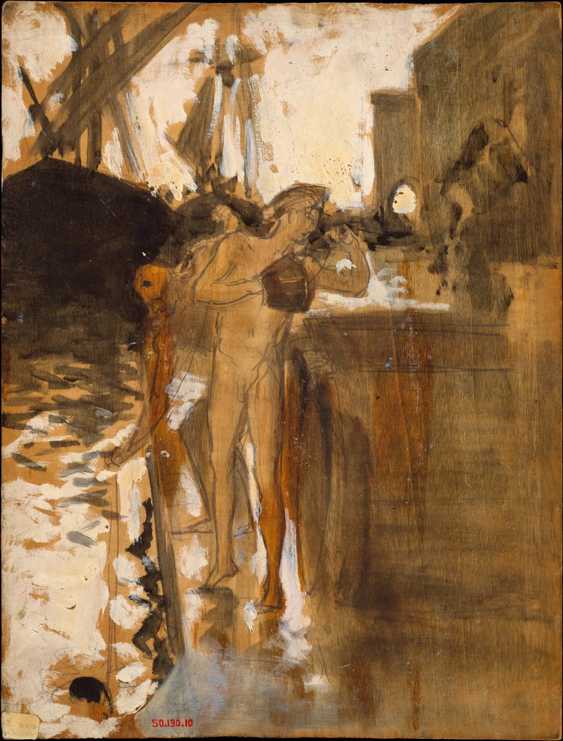 Balkongen, Spanien [och] Två nakna badande stående på en kaj - John Singer Sargent