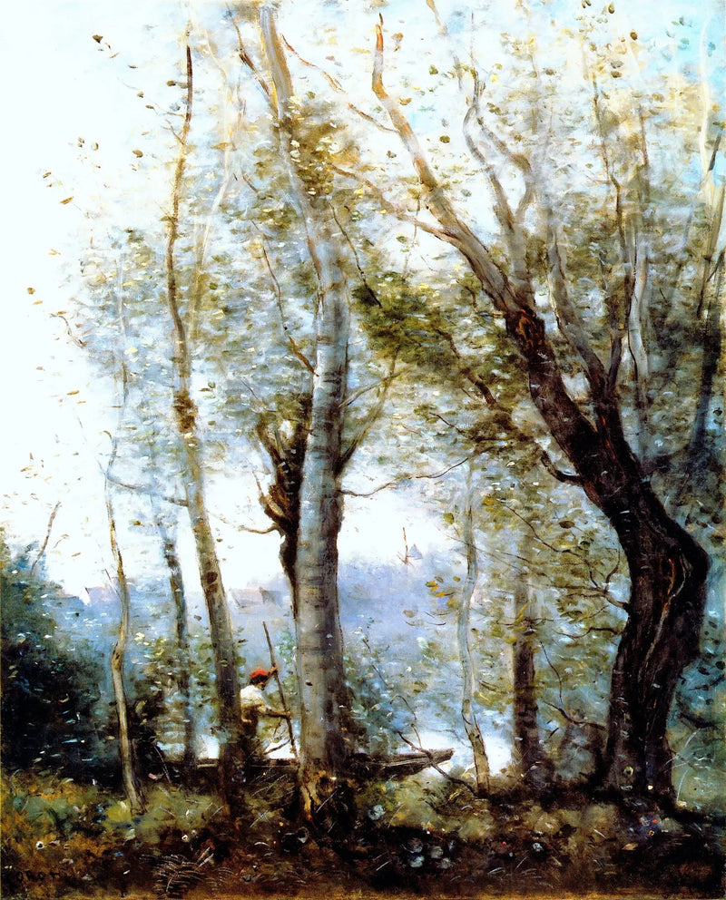 Båtföraren som passerar bakom träden vid stranden - Jean-Baptiste Camille Corot