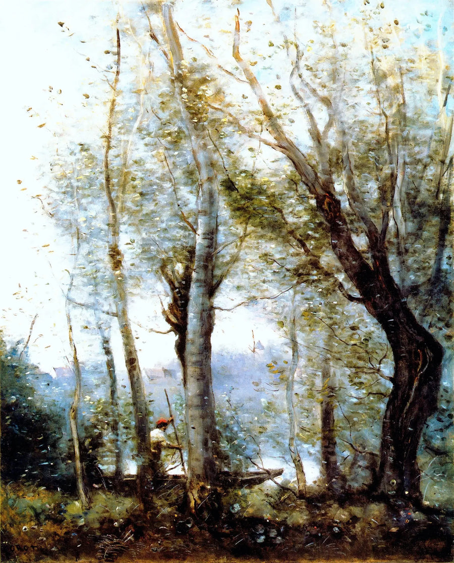 Båtföraren som passerar bakom träden vid stranden - Jean-Baptiste Camille Corot