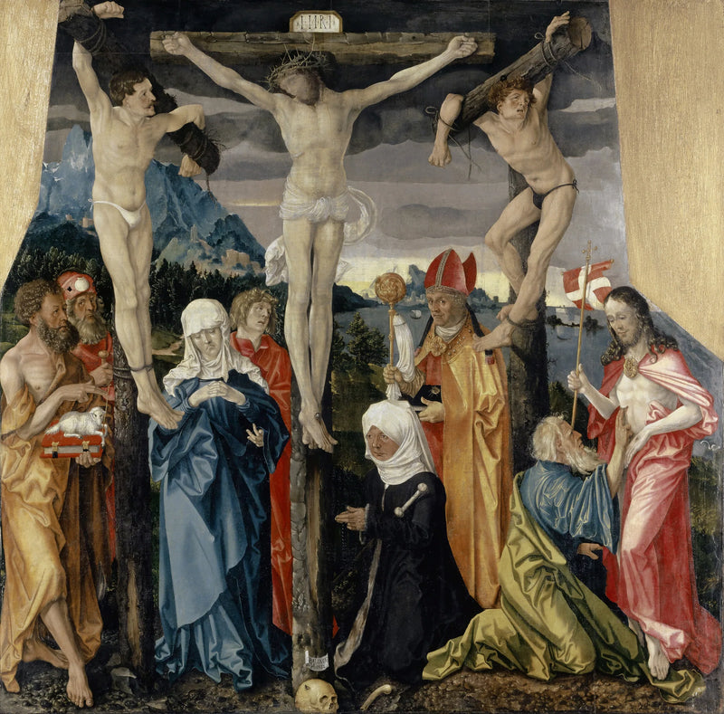 Kristus på korset med rövare, helgon och en donator - Hans Baldung Grien