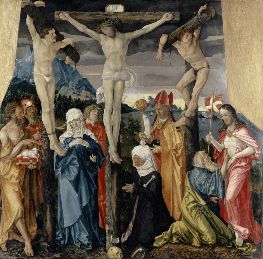 Kristus på korset med rövare, helgon och en donator - Hans Baldung Grien
