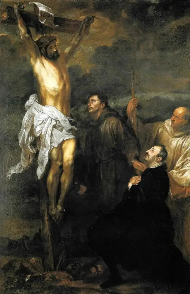 Den korsfäste Kristus dyrkad av Francesco Orero, de heliga Franciskus och Bernard - Antoine van Dyck