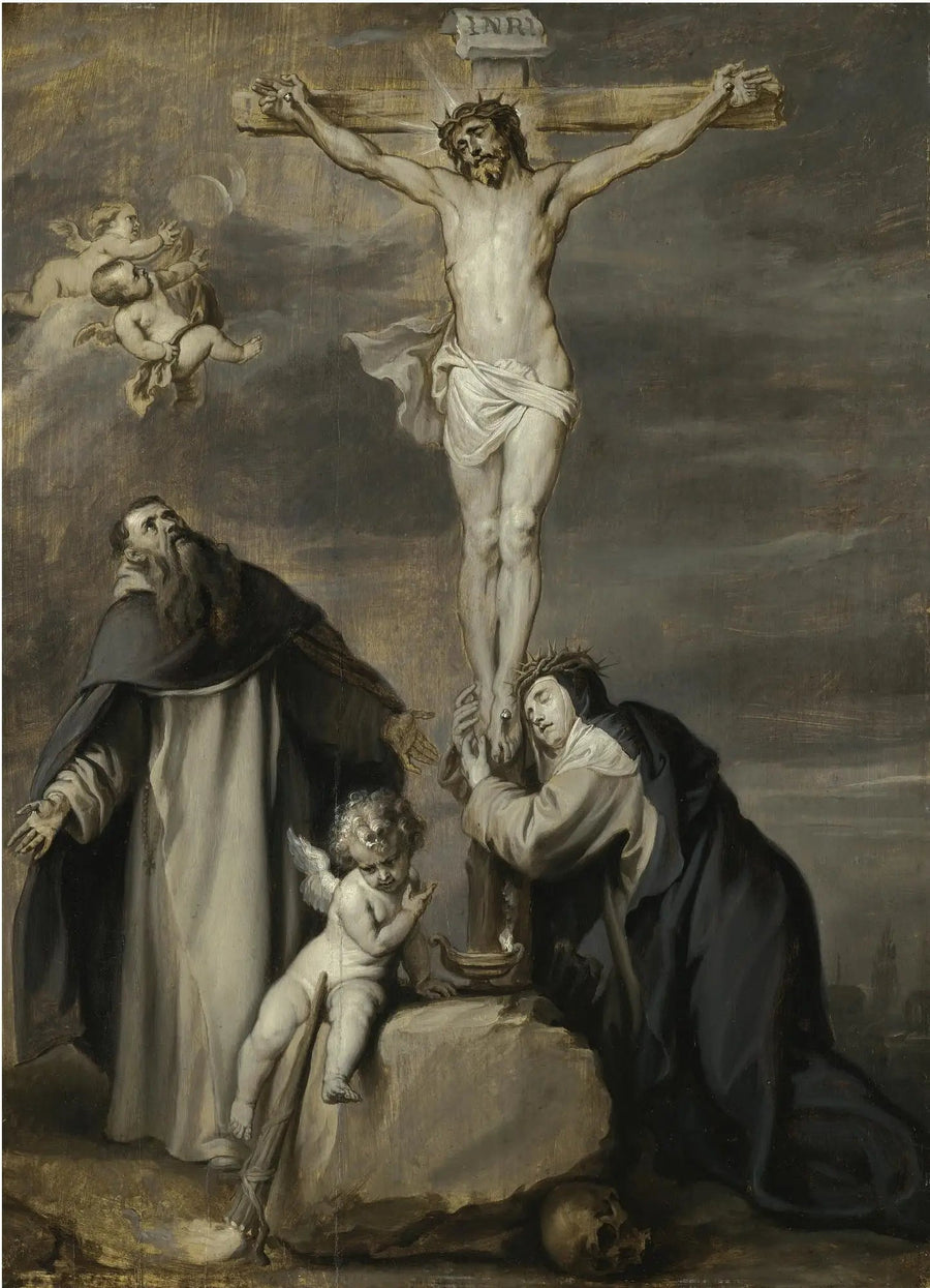 Den korsfäste Kristus dyrkad av helgonen Dominikus och Katarina av Siena - Antoine van Dyck