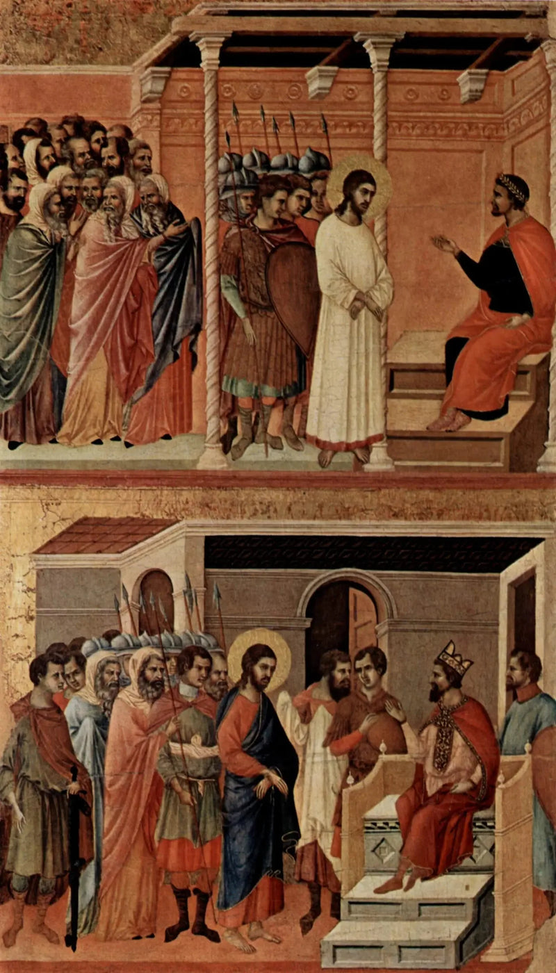 Kristus inför Pilatus igen (uppe); Kristus inför Herodes (nere) - Duccio di Buoninsegna