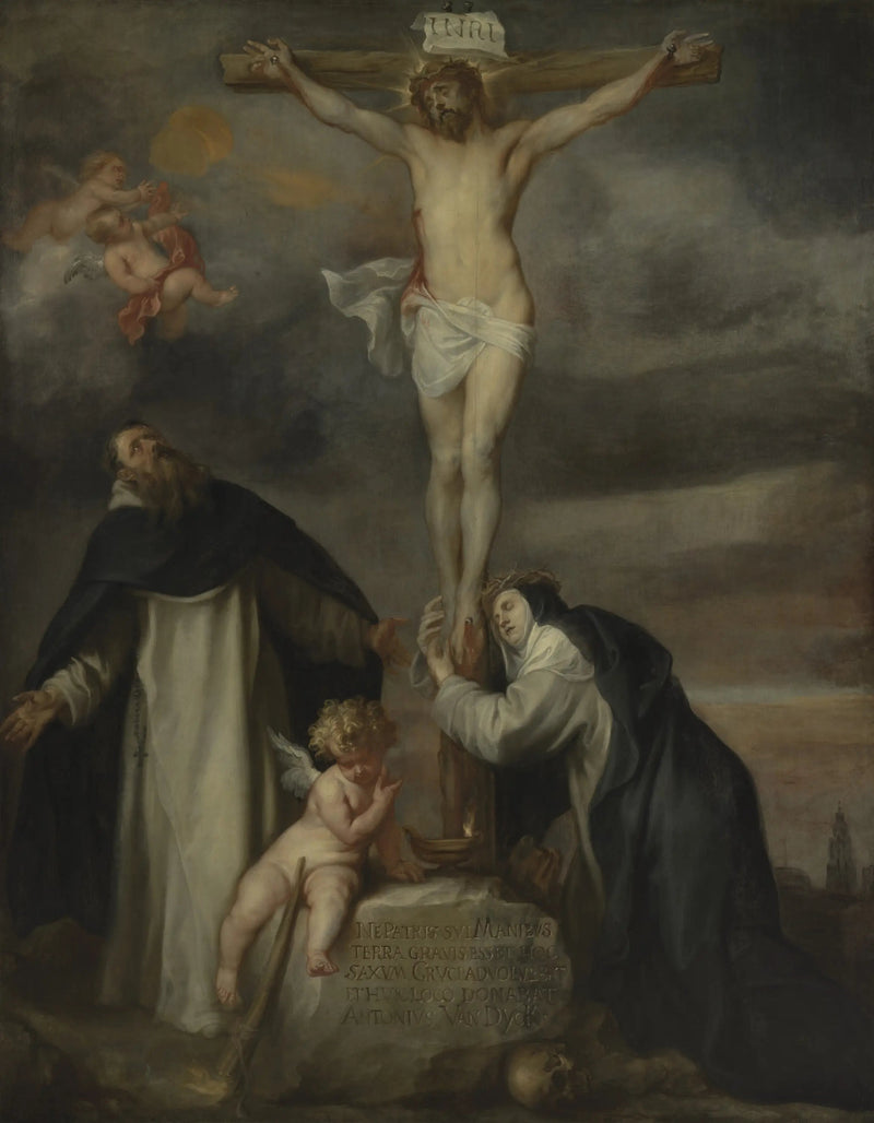 Kristus på korset med heliga Katarina av Siena, helige Dominikus och en ängel - Antoine van Dyck