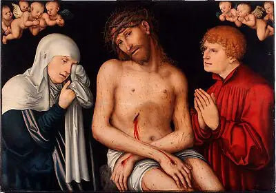 Kristus som Mannen av Smärta flankeras av Jungfrun och Sankt Johannes med änglar - Lucas Cranach den äldre