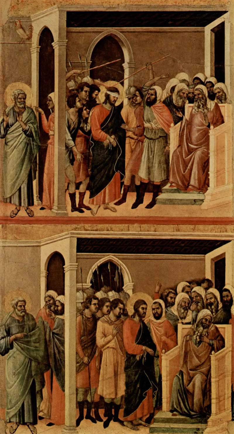 Förlöjligade Kristus (uppe) ; Kristus inför Kajafas (nere) - Duccio di Buoninsegna