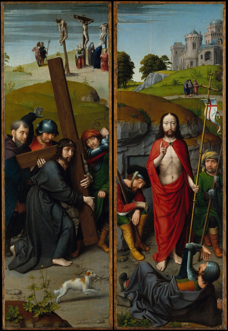 Kristus som bär korset, med korsfästelsen; Uppståndelsen, med Emmaus-vandrarna - Gérard David