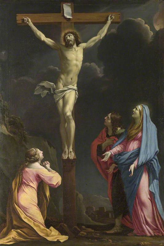 Kristus på korset omgiven av jungfru Maria och helgon - Eustache Le Sueur