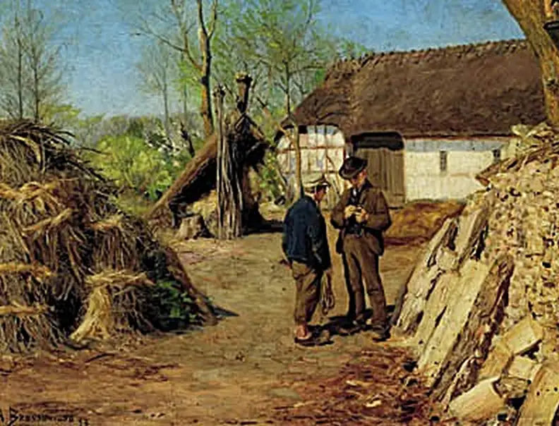 Sonen till en ung bonde pratar med en ung bonde. - H. A. Brendekilde