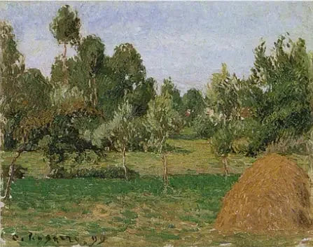 Bakgrunden av ängen i Eragny, med höstack till höger - Camille Pissarro
