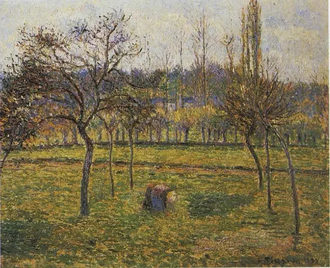 Ängens botten i Éragny med en kvinna som plockar gräs - Camille Pissarro