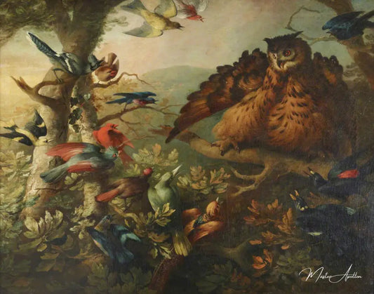 Le harcèlement d'un hibou moyen-duc par d'autres oiseaux - Tobias Stranover - Reproductions de tableaux et peintures haut de gamme