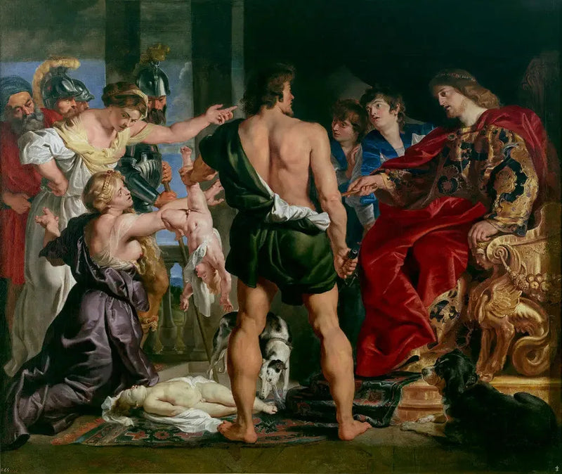 Salomos dom: Salomon avkunnar sitt beslut; han beordrar en soldat att dela det levande barnet i två; den riktiga modern motsätter sig Salomos beslut (1 Kungaboken 3:25-27) - Peter Paul Rubens