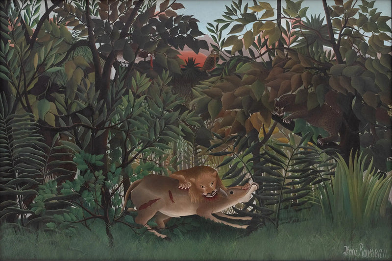 Lejonet, hungrig, kastar sig över antilopen - Henri Rousseau