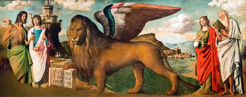 Lejonet av Saint Marc mellan helgonen Jean-Baptiste, Markus, Maria Magdalena och Jerome - Cima da Conegliano