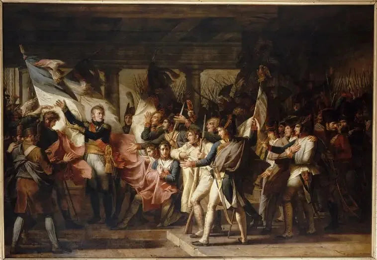 Marskalk Ney överlämnar sina flaggor till soldaterna i den 76:e linjeregementet, 7 november 1805 - Charles Meynier