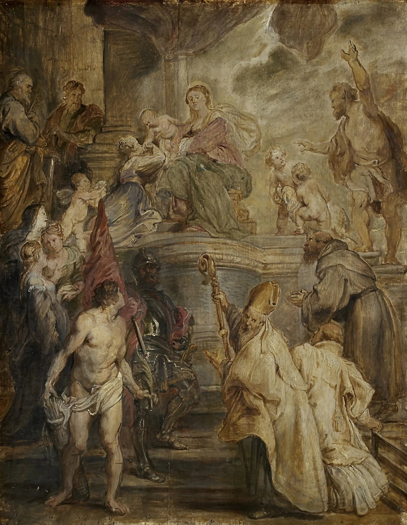Den mystiska äktenskapet av heliga Katarina (Färgbeskärningar för altaret i Augustinerkyrkan i Antwerpen), baksida: Två kavallerikampanjer - Peter Paul Rubens