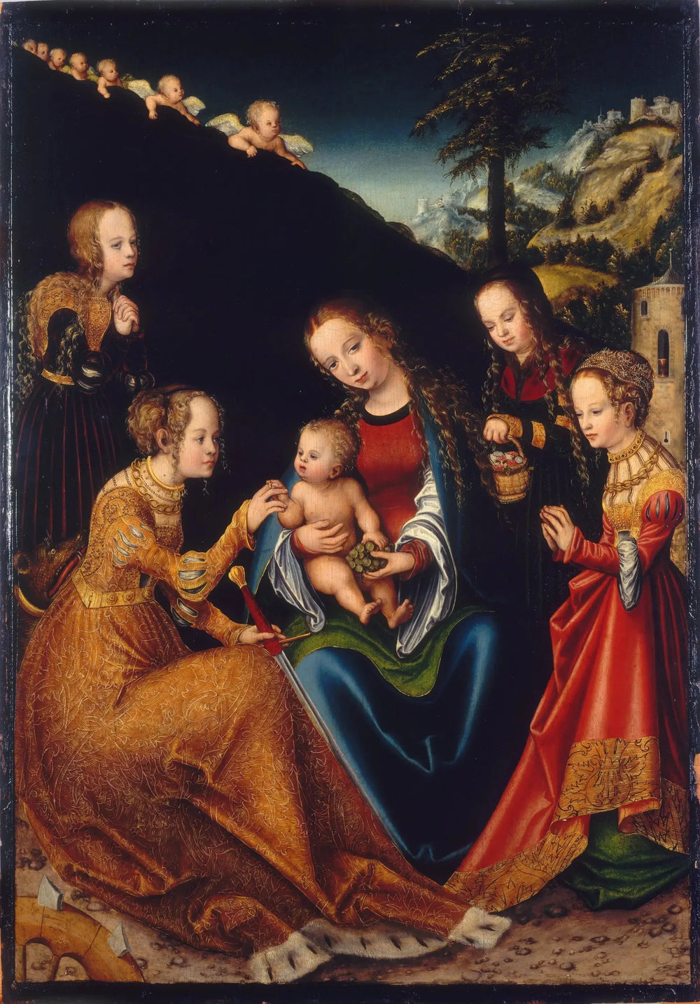 Le mariage mystique de sainte Catherine d'Alexandrie avec les saintes Dorothée, Marguerite et Barbara - Lucas Cranach the Elder image 1 tableau peint à l’huile sur toile