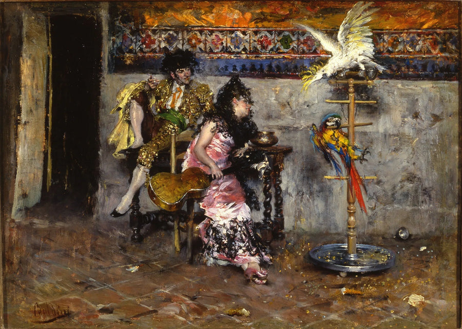 Matadoren eller Par i spansk kostym med två papegojor - Giovanni Boldini