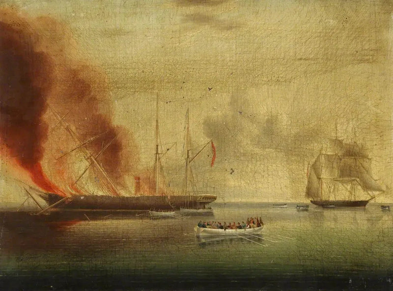 Ångfartyget « Glasgow » i brand utanför Nantucket, den 31 juli 1865: passagerare och besättning räddade av « Rosamund » - James E. Buttersworth