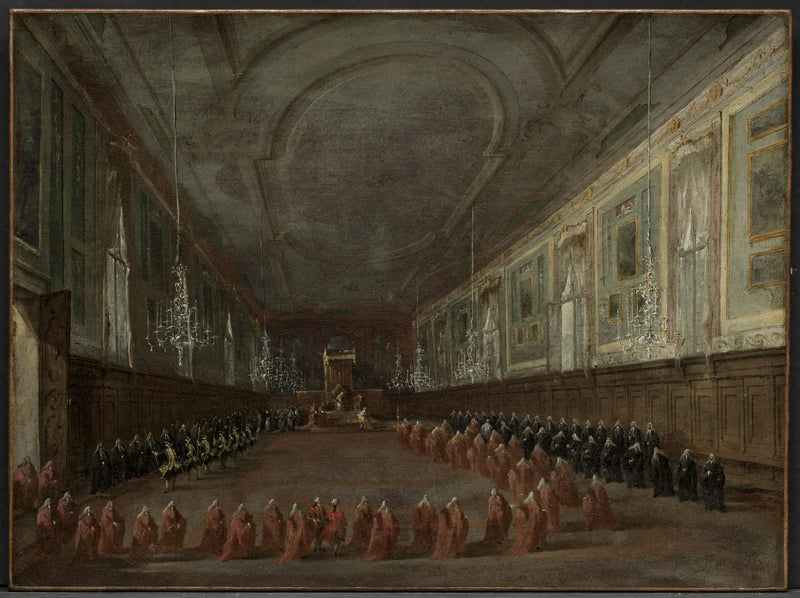 Påve Pius VI som lämnar tronen för att ta farväl av dogen i Sankt Johannes och Paulus salen, 1782 - Francesco Guardi