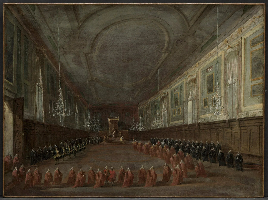 Påve Pius VI som lämnar tronen för att ta farväl av dogen i Sankt Johannes och Paulus salen, 1782 - Francesco Guardi