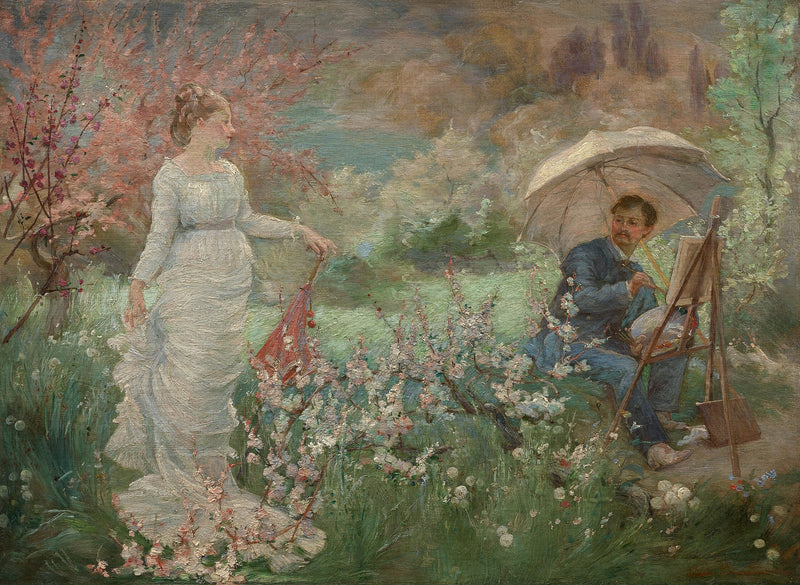 Målaren och hans modell i en blomstrande trädgård - Marie Bracquemond