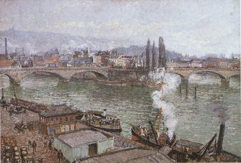 Stenbron i Rouen, grått väder - Camille Pissarro