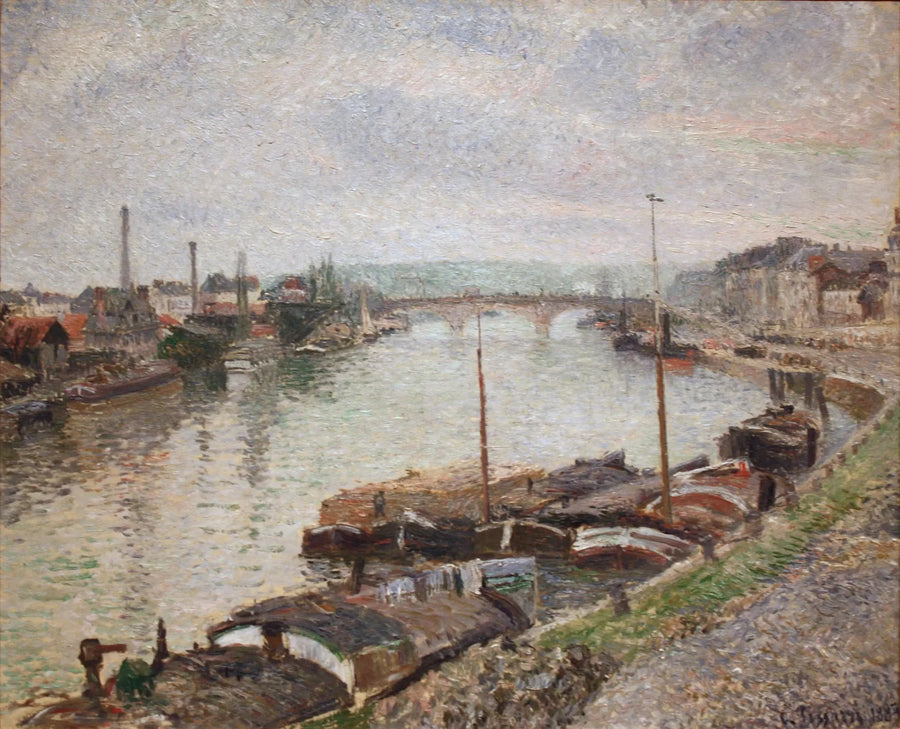 Stenbron och pråmarna i Rouen - Camille Pissarro