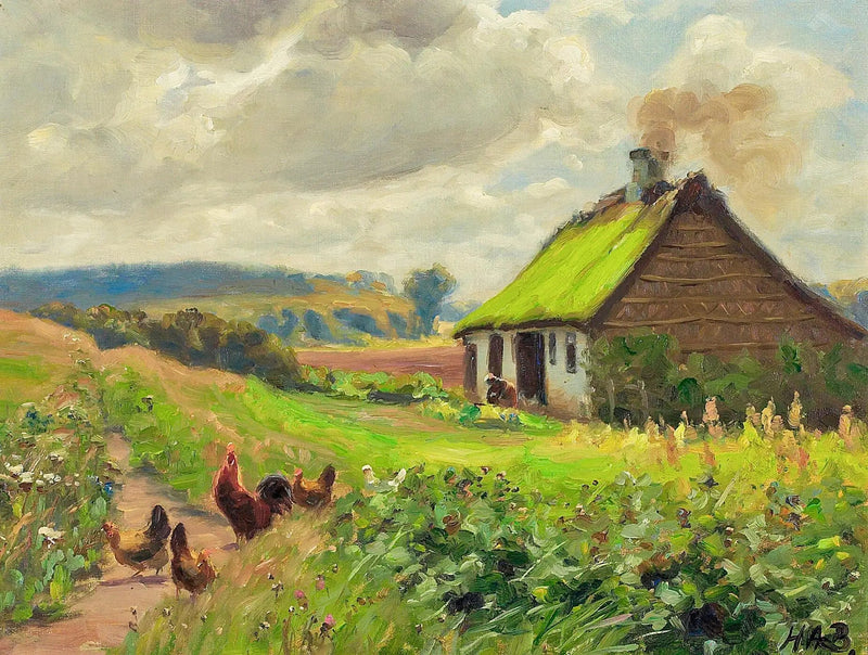 Våren med ett hus, en kvinna och kycklingar. - H. A. Brendekilde
