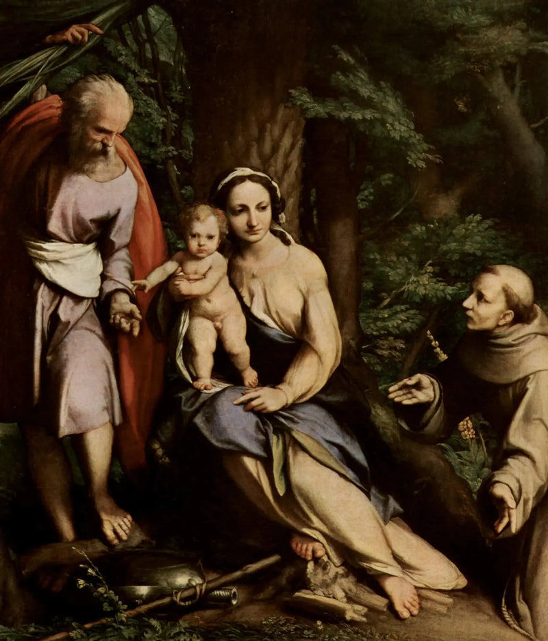 Vila under flykten till Egypten med helige Franciskus - Antonio da Correggio